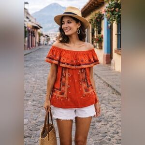 Easel Los Angeles Kylee Embroidered Top Red NWT